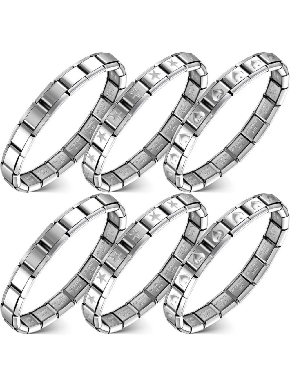 6 Pcs Shiny Italian Charm Bracelets, 9mm Starter, Stainless Steel Modular Links